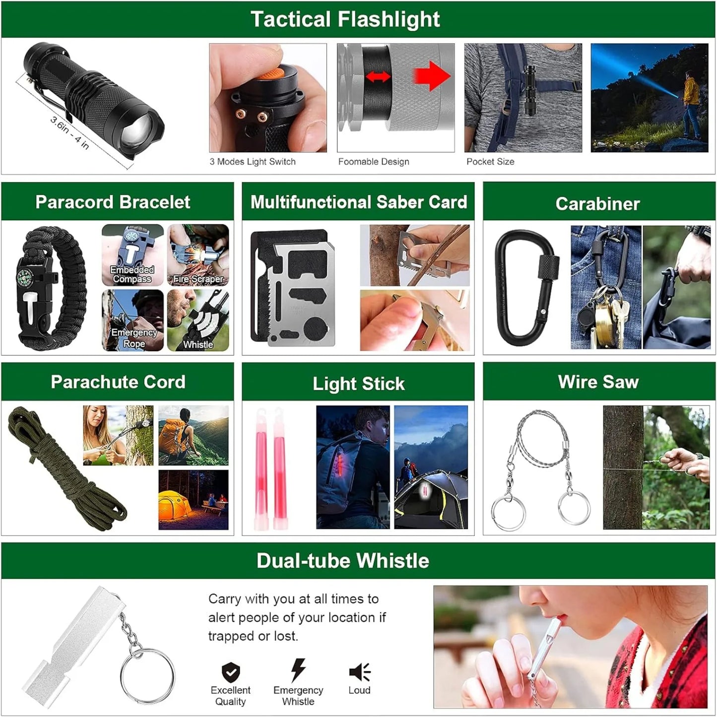 Survival kit and first aid kit, 142 pieces of professional survival equipment, for men's outdoor camping and exploration