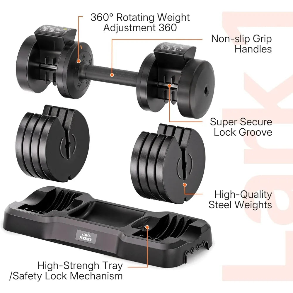 FLYBIRD 110LB/55LB Adjustable Dumbbells for Home Gym, Quick-Change Weight System with Non-Slip Grip