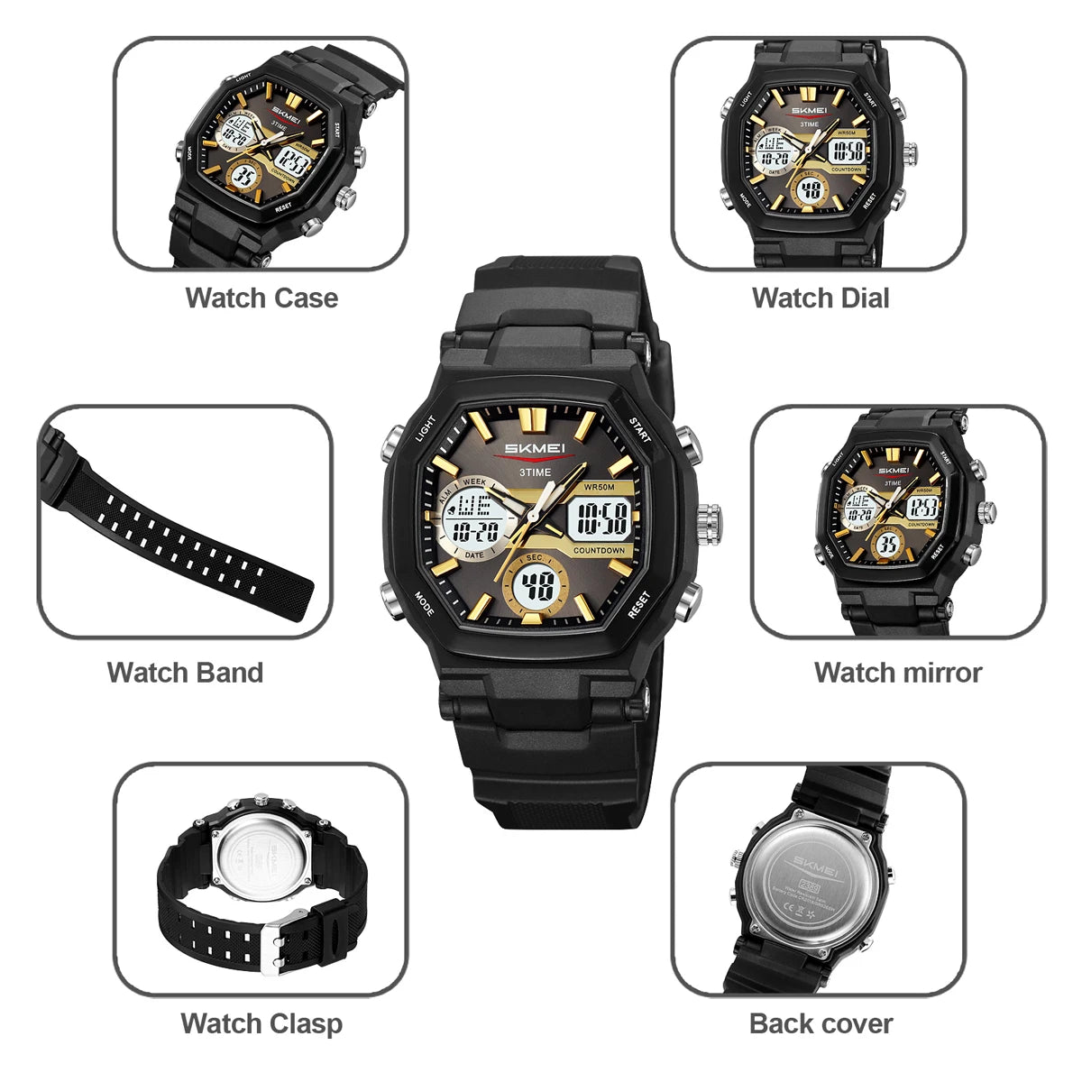 SKMEI Chrono Waterproof Fashion Digital Electronics Watch Sports LED Light Quartz Watches For Men Women 3Time Alarm Wristwatches