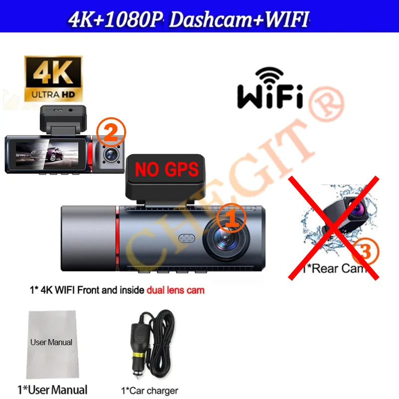 4K Car Dvr 2/3Channels Video Recorder Wifi Front inside Rear View Camera DashCam for Cars Camera 24H Parking Monitor Black Box