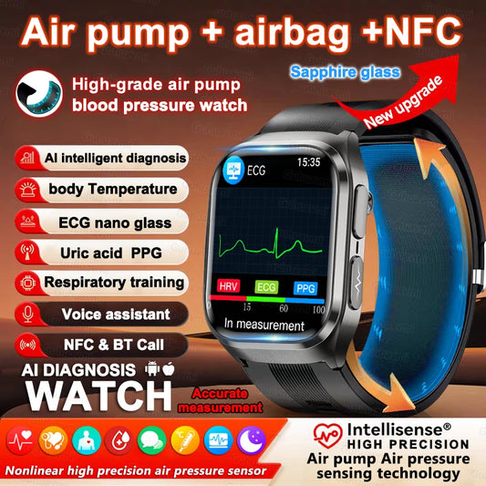 NFC ECG Bood pressure Smart Watch Air pump Accurate Measure Pressure Blood oxygen Sport Fitness Call Health Air bag Smart Watch