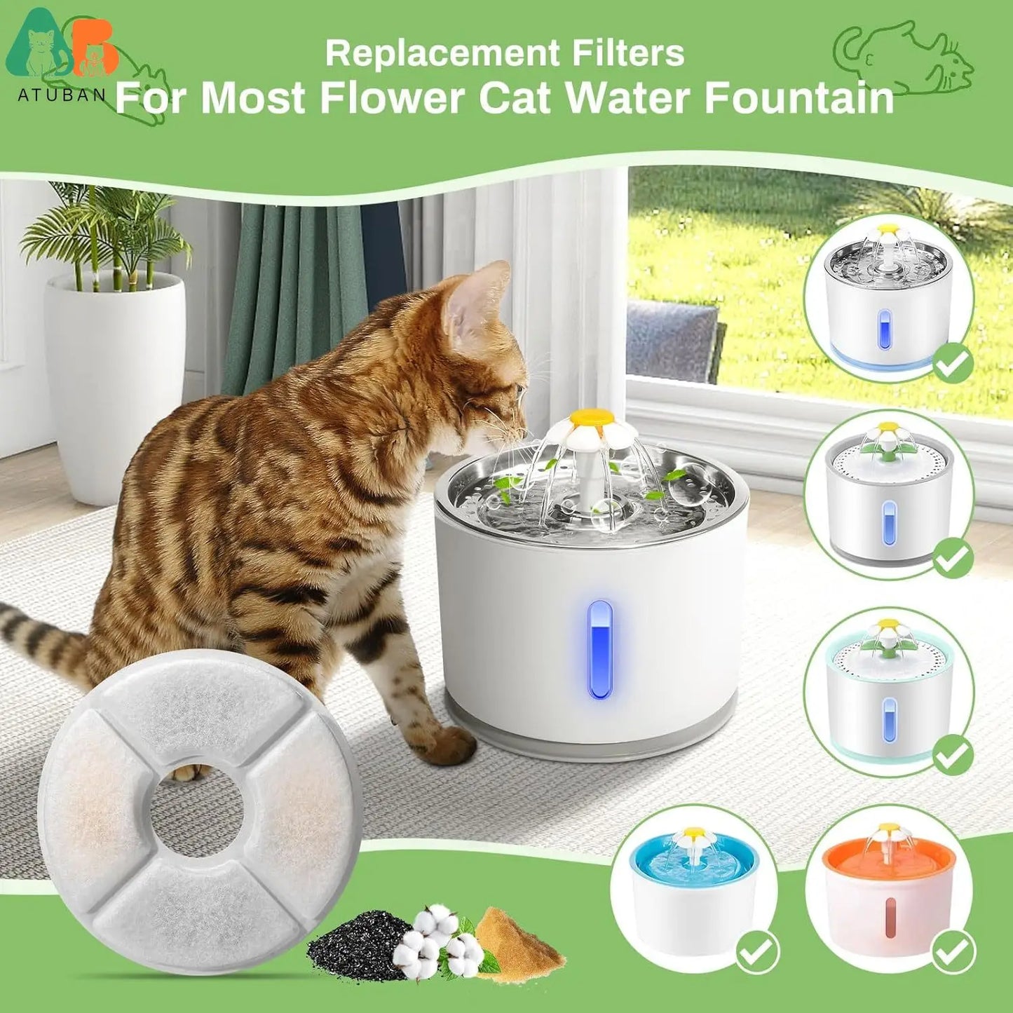 Cat Water Fountain Filters, ATUBAN Pet Fountain Replacement Filters, 3 Filtration Dog Fountain Replacement Filters(5in Diameter)