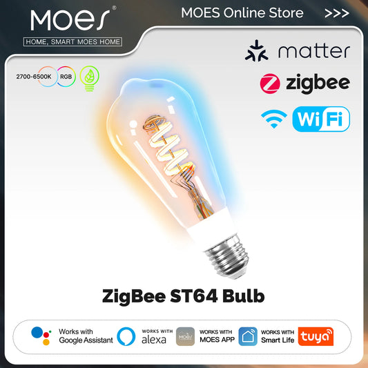 MOES Tuya Smart ST64 Edison LED Bulb Matter/WiFi/ZigBee Dimmable 16M RGB Colors 2700K-6500K Works with Alexa Google Home