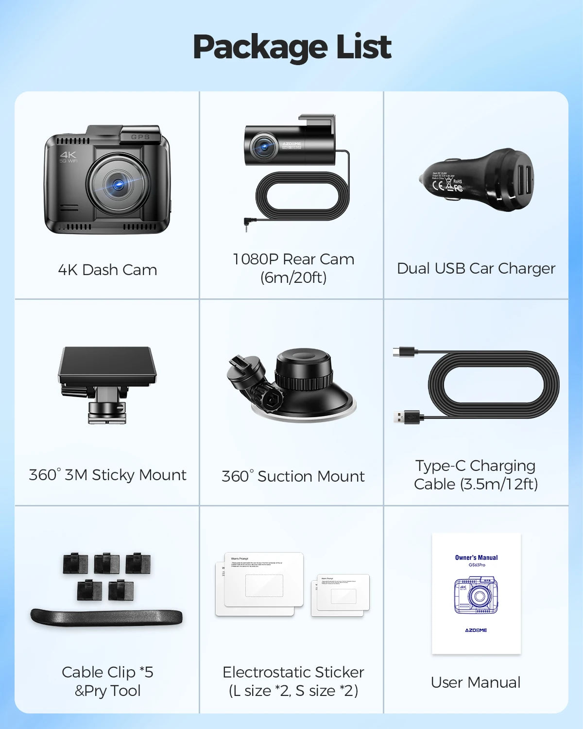 AZDOME Dash Cam GS63Pro 4K+1080P ADAS GPS 5.8GHz WIFI Car DVR Built-in 128eMMC Night Vision 24H Parking Monitor Support Rear Cam