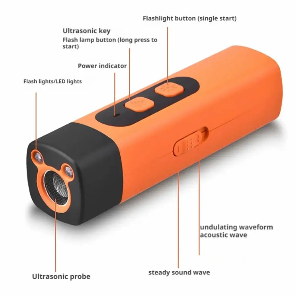 Ultrasonic Dog Repeller Outdoor Portable Pet Trainer Mini Handheld Flashlight LED Light Safe Effective Animal Deterrent Device
