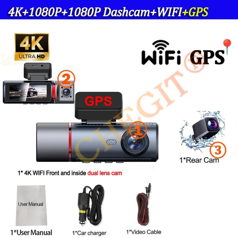 4K Car Dvr 2/3Channels Video Recorder Wifi Front inside Rear View Camera DashCam for Cars Camera 24H Parking Monitor Black Box