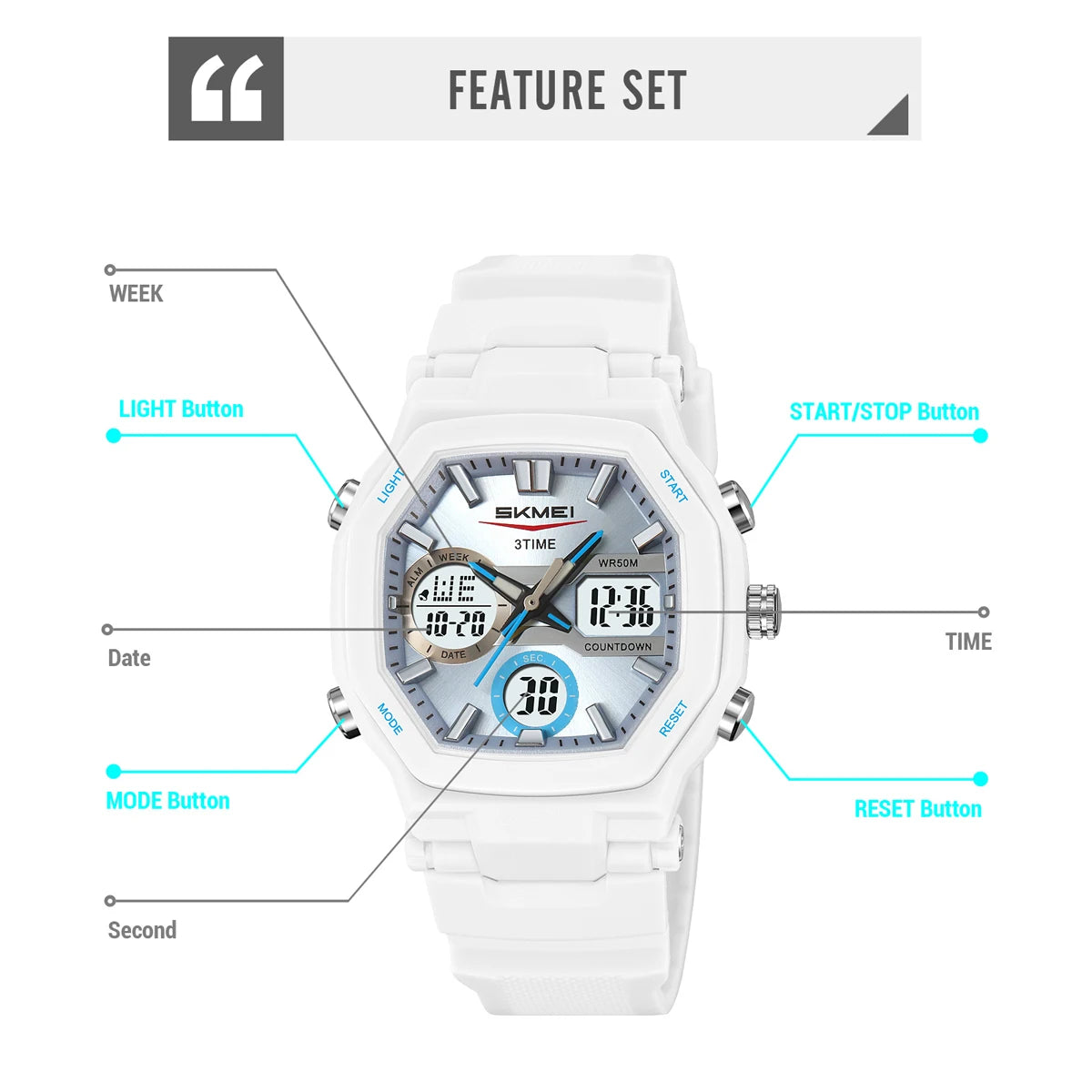 SKMEI Chrono Waterproof Fashion Digital Electronics Watch Sports LED Light Quartz Watches For Men Women 3Time Alarm Wristwatches