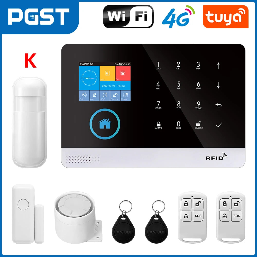 PGST 103 2.4 inch Screen 4G 2G WIFI GSM Home Bulgar Security System for Home 433MHz APP Control RFID Card with PIR Motion