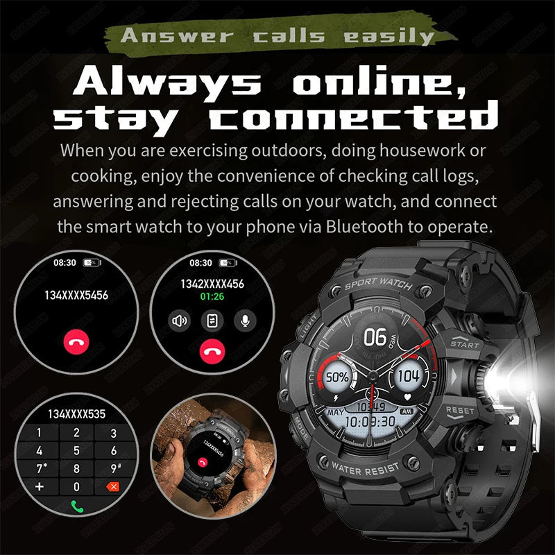 Rugged Sports Smart Watch Men Bluetooth Call Colorful Waterproof Military Compass Smartwatches with Flashlight For Android iOS