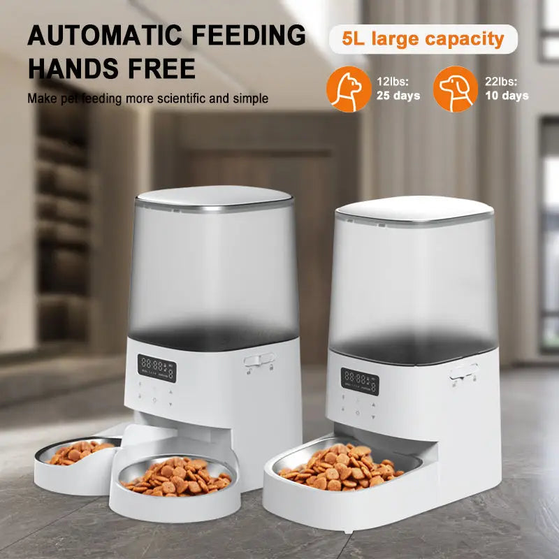 Hot Selling Intelligent 5L Smart Electric Pet Automatic Food Feeder Plastic Bottle with Double Stainless Steel Bowls Dog's Feed