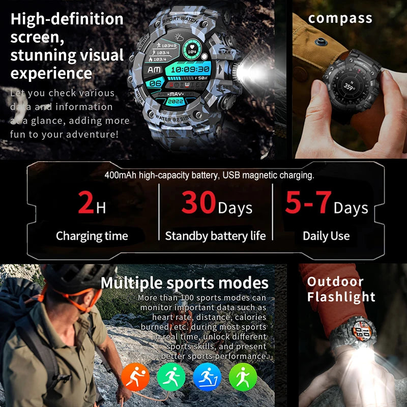 Rugged Sports Smart Watch Men Bluetooth Call Colorful Waterproof Military Compass Smartwatches with Flashlight For Android iOS