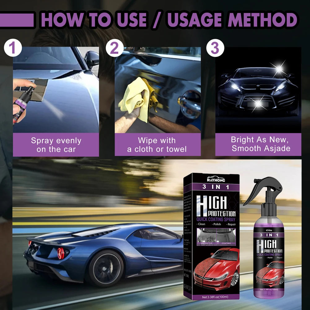 3 IN 1 Car Quick Ceramic Coating Spray 100ml High Protection Car Coating Wax Polishing Spray Auto Body Compound Scratch Repair