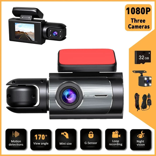 24H Dash Camera Night Vision FULL HD 1080P 3 Channels Front And Rear Camera CAR DVR Video Recorder Dvr Black Box Dash Car Camera