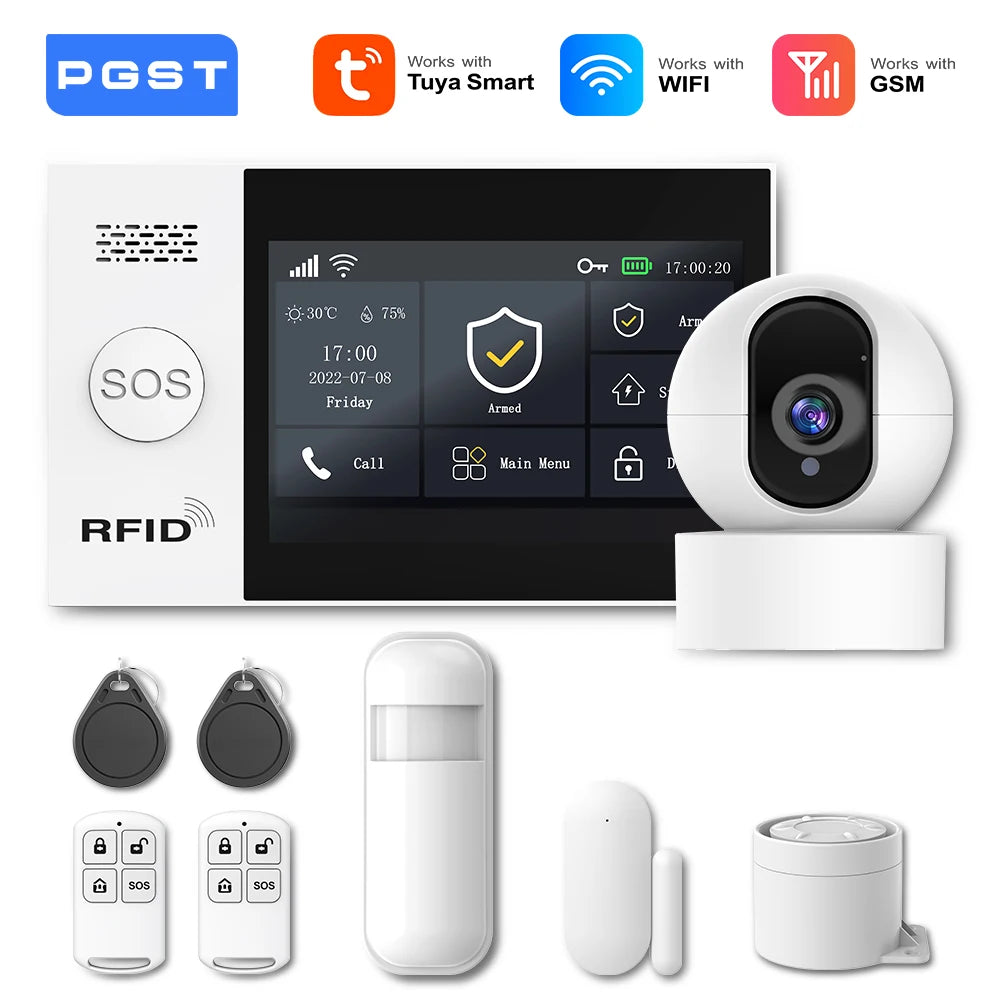 PGST PG-107 Tuya Wireless Home WIFI GSM Home Security With Motion Detector Sensor Burglar Alarm System APP Control Support Alexa