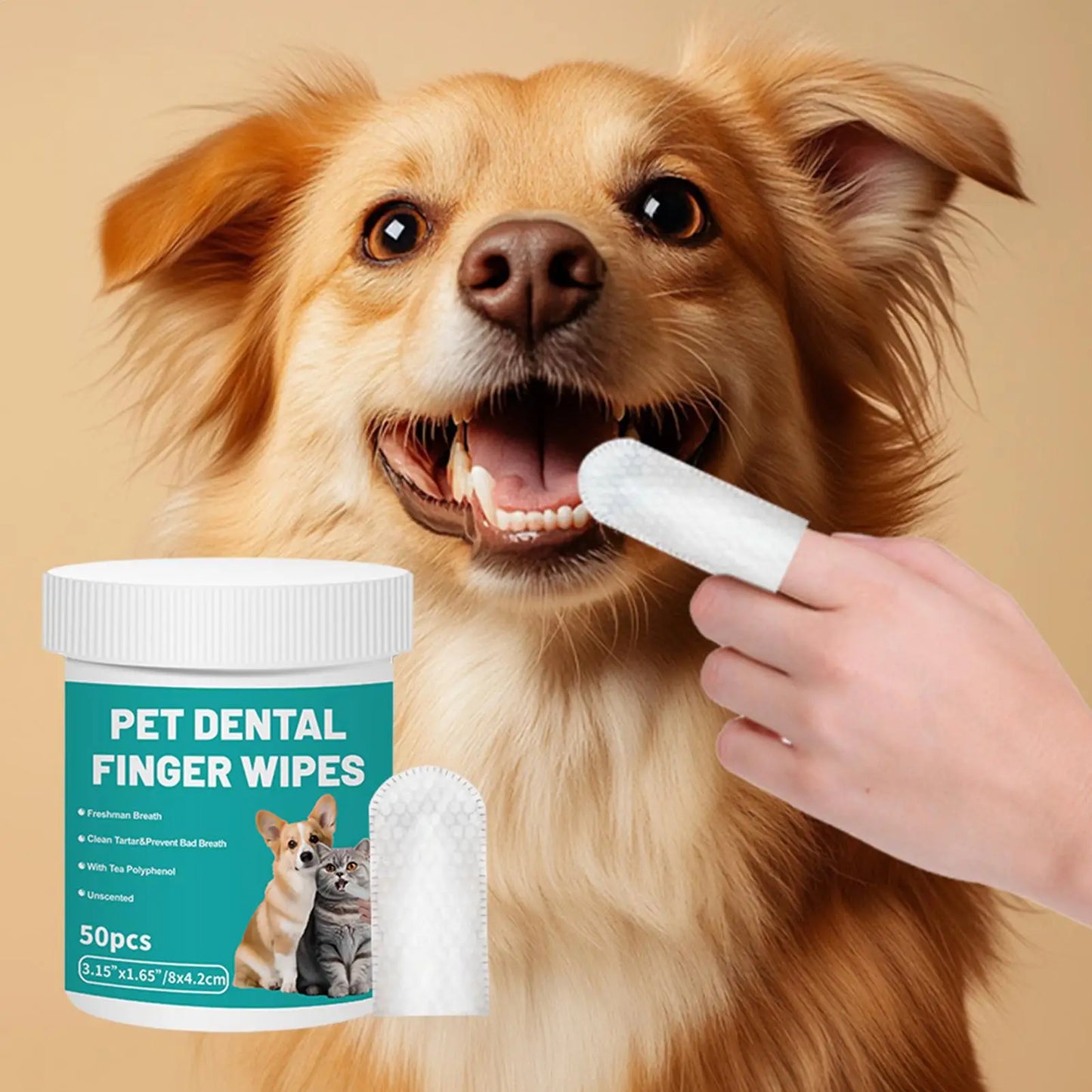 50pcs Pet Teeth Cleaning Wipes Dental Finger Wipes Disposable Gentle Teeth Cleaning Pads Bad Breath Remover for Dogs Cats