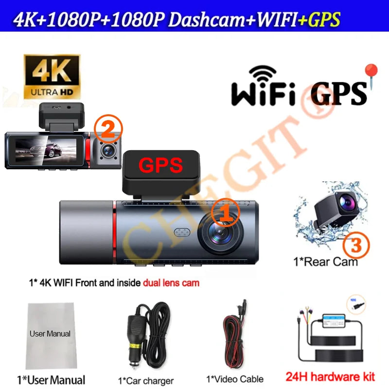 4K Car Dvr 2/3Channels Video Recorder Wifi Front inside Rear View Camera DashCam for Cars Camera 24H Parking Monitor Black Box