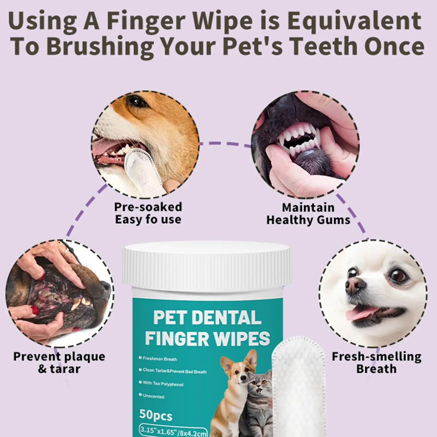 50pcs Pet Teeth Cleaning Wipes Dental Finger Wipes Disposable Gentle Teeth Cleaning Pads Bad Breath Remover for Dogs Cats