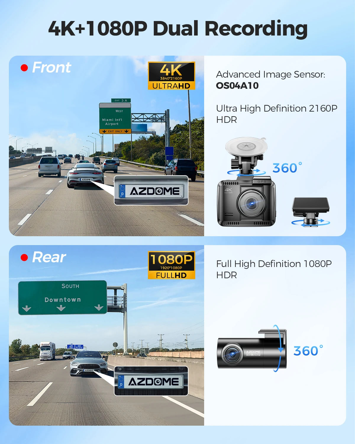 AZDOME Dash Cam GS63Pro 4K+1080P ADAS GPS 5.8GHz WIFI Car DVR Built-in 128eMMC Night Vision 24H Parking Monitor Support Rear Cam