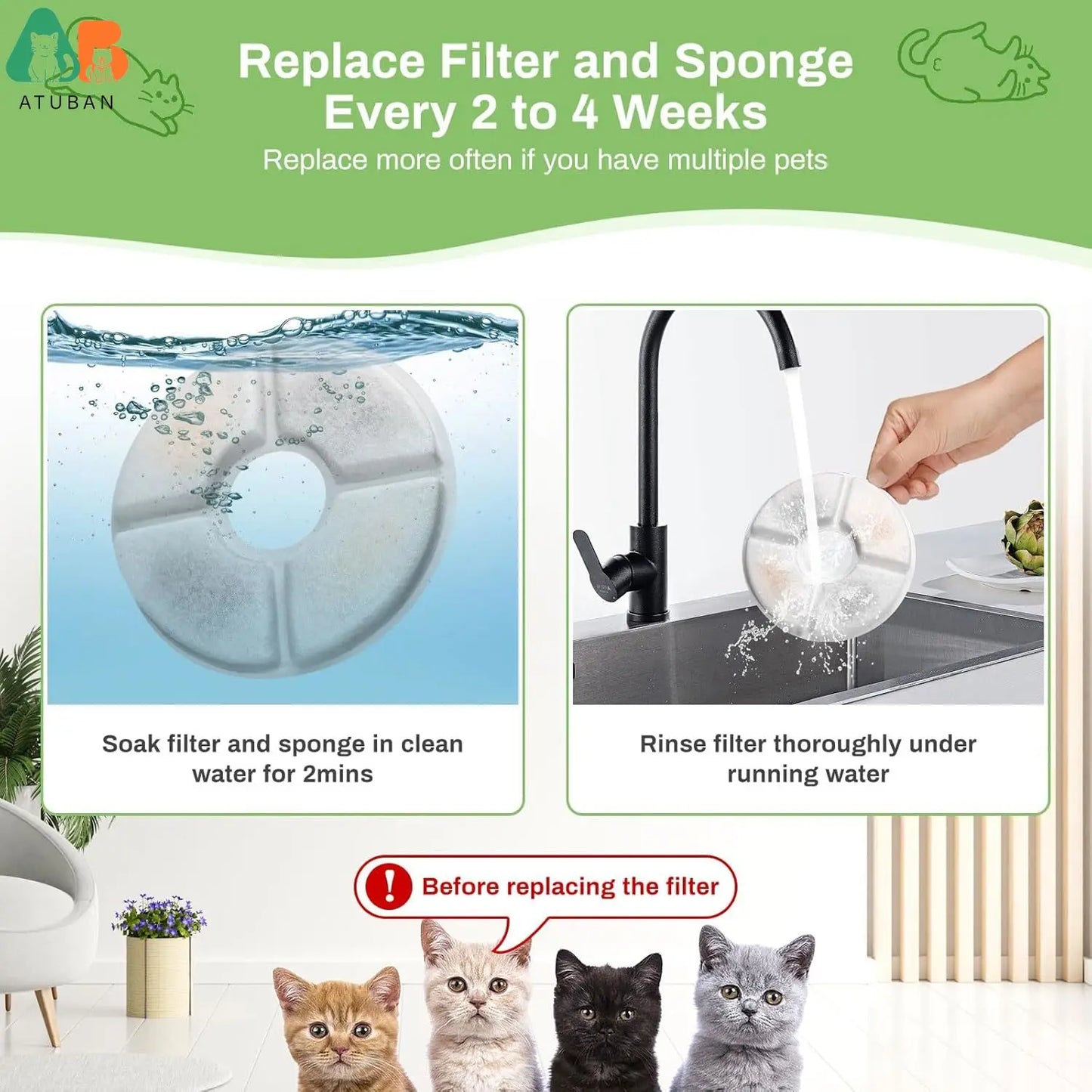 Cat Water Fountain Filters, ATUBAN Pet Fountain Replacement Filters, 3 Filtration Dog Fountain Replacement Filters(5in Diameter)