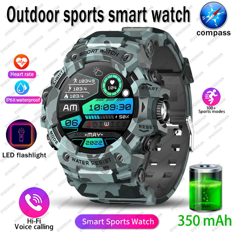 Rugged Sports Smart Watch Men Bluetooth Call Colorful Waterproof Military Compass Smartwatches with Flashlight For Android iOS