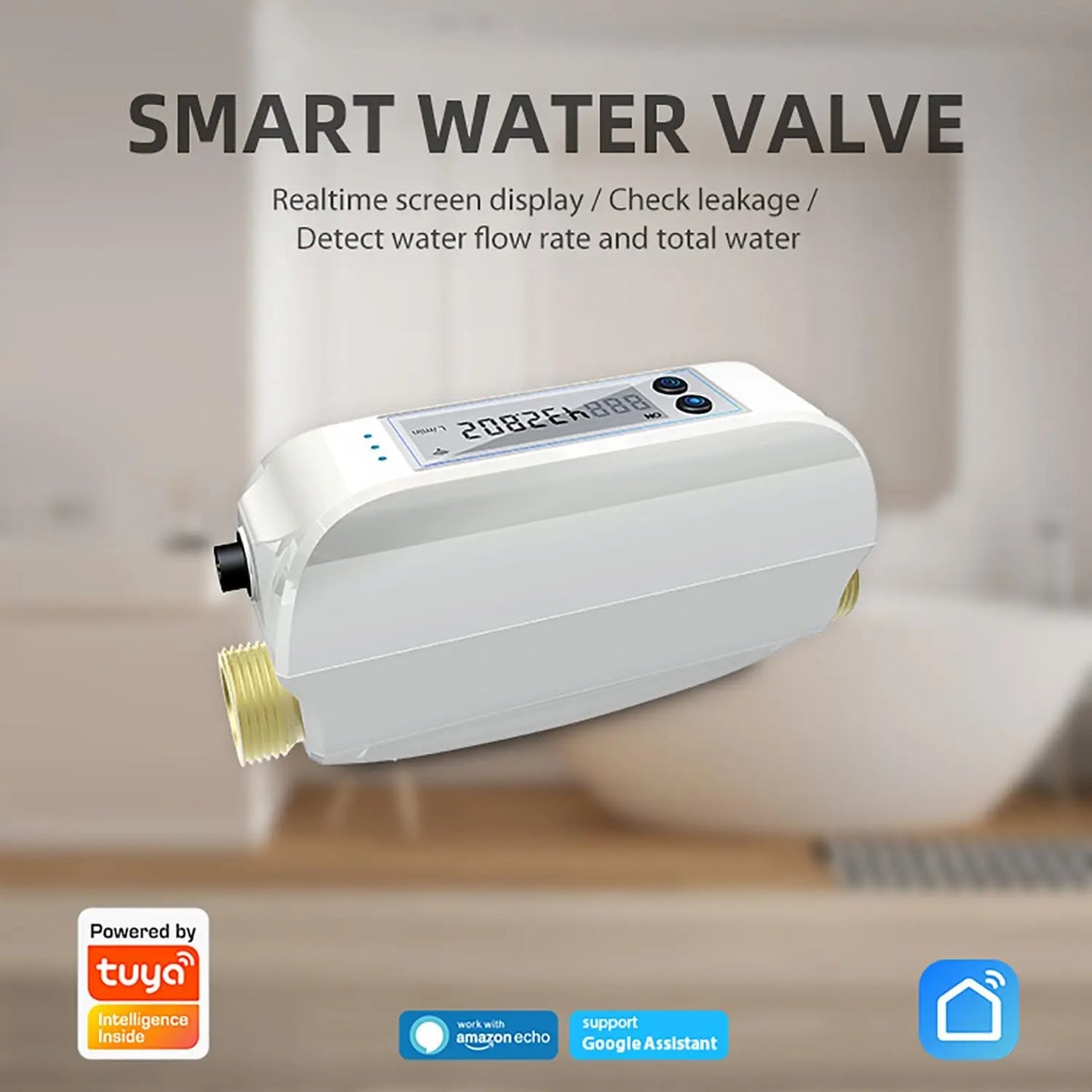 Haozee Tuya Smart WiFi Water Valve Shutoff Water Flow Meter Built in Rechargable Battery for DN20 3/4-Inch Diameter Pipe