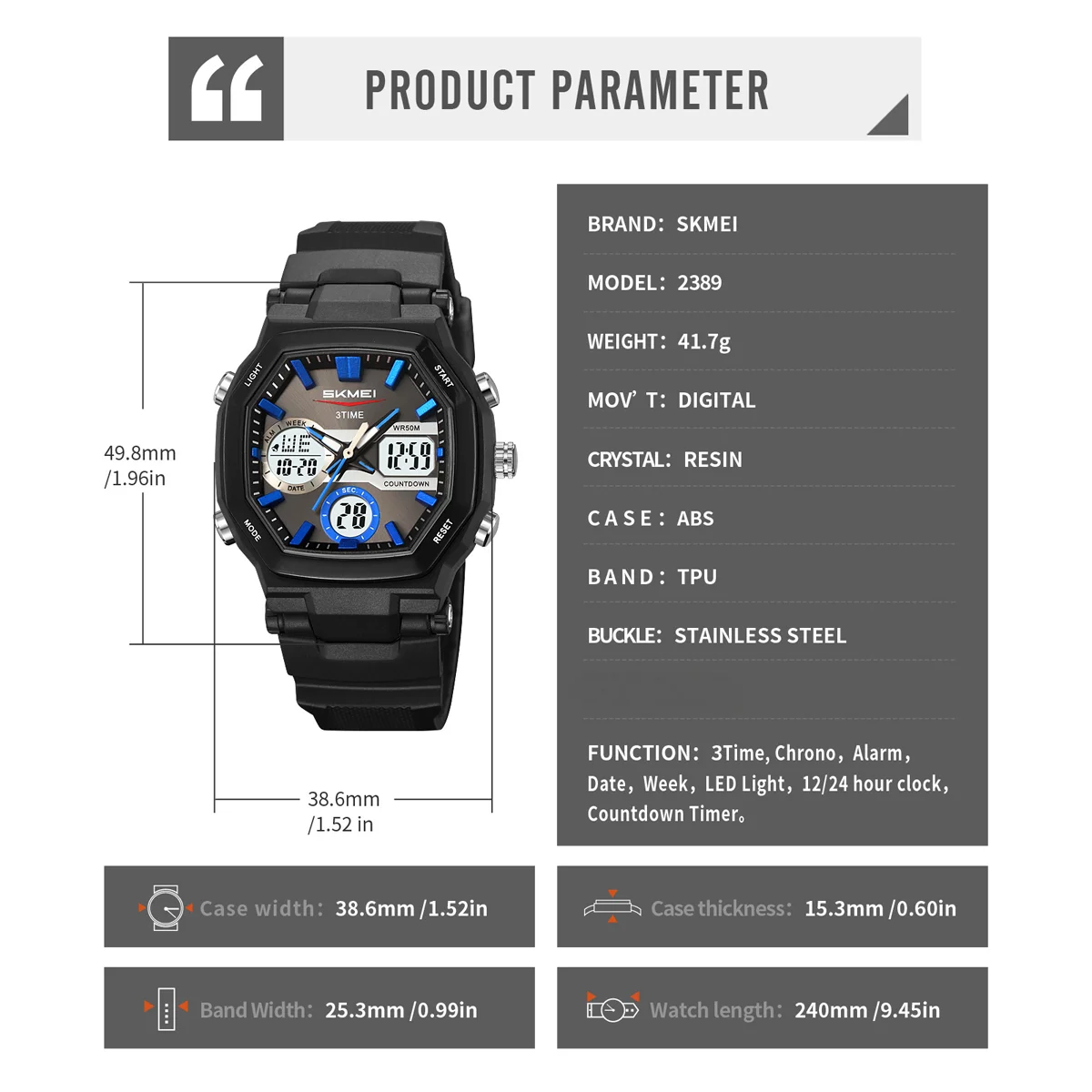 SKMEI Chrono Waterproof Fashion Digital Electronics Watch Sports LED Light Quartz Watches For Men Women 3Time Alarm Wristwatches