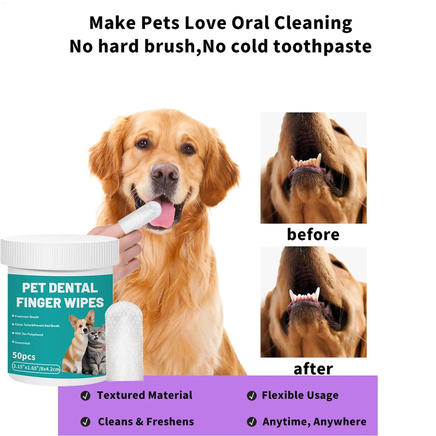 50pcs Pet Teeth Cleaning Wipes Dental Finger Wipes Disposable Gentle Teeth Cleaning Pads Bad Breath Remover for Dogs Cats