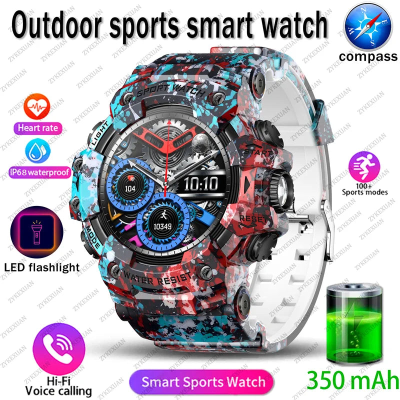 Rugged Sports Smart Watch Men Bluetooth Call Colorful Waterproof Military Compass Smartwatches with Flashlight For Android iOS