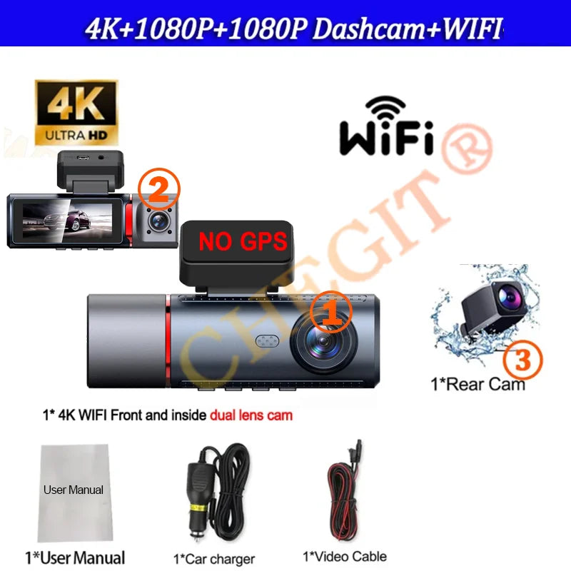 4K Car Dvr 2/3Channels Video Recorder Wifi Front inside Rear View Camera DashCam for Cars Camera 24H Parking Monitor Black Box