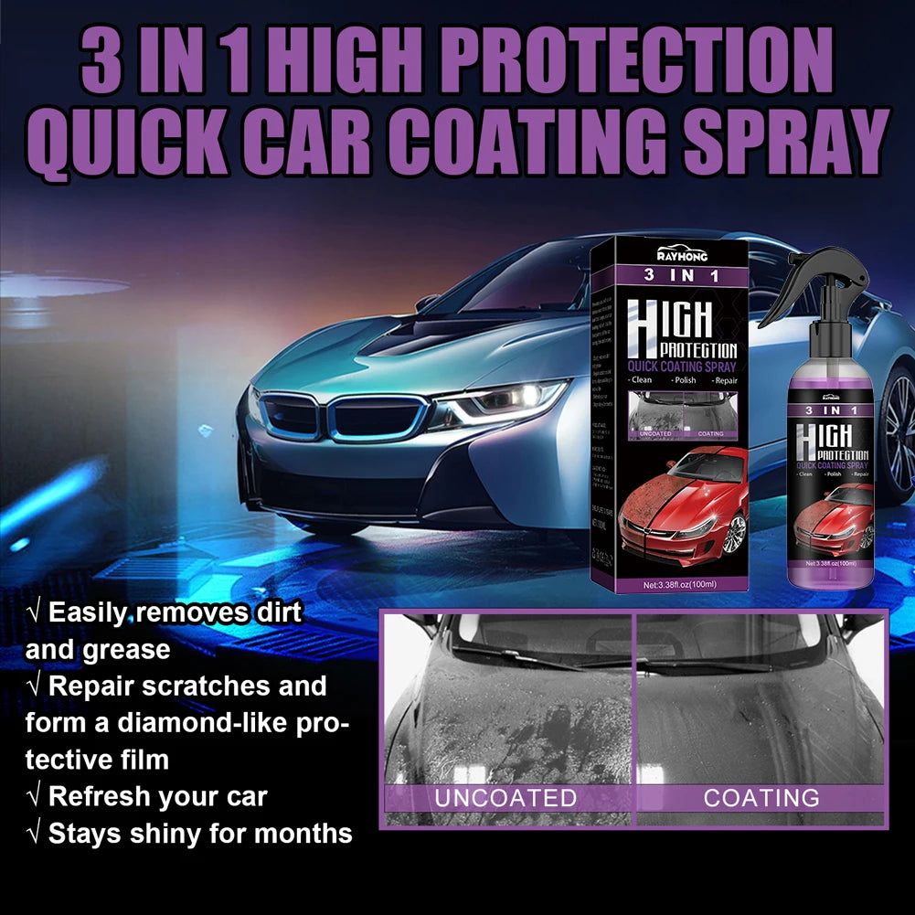 3 IN 1 Car Quick Ceramic Coating Spray 100ml High Protection Car Coating Wax Polishing Spray Auto Body Compound Scratch Repair