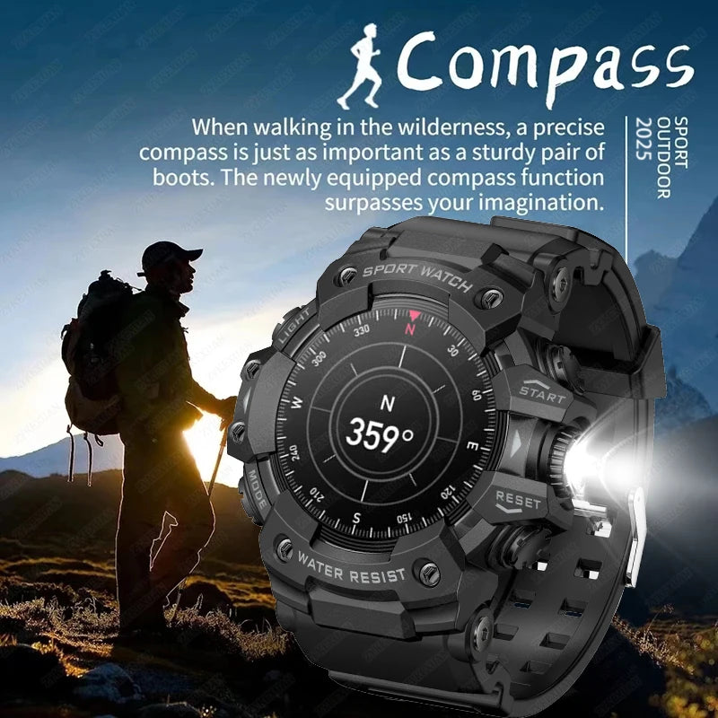 Rugged Sports Smart Watch Men Bluetooth Call Colorful Waterproof Military Compass Smartwatches with Flashlight For Android iOS