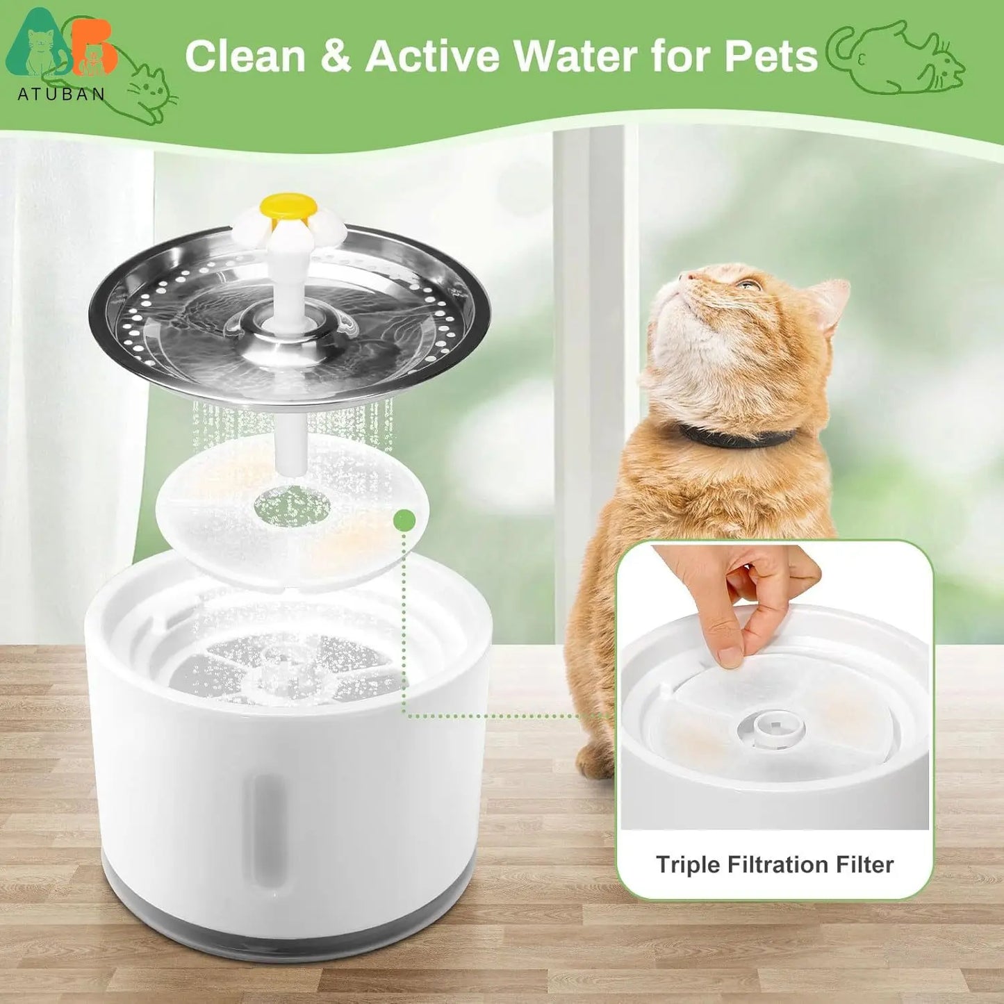 Cat Water Fountain Filters, ATUBAN Pet Fountain Replacement Filters, 3 Filtration Dog Fountain Replacement Filters(5in Diameter)