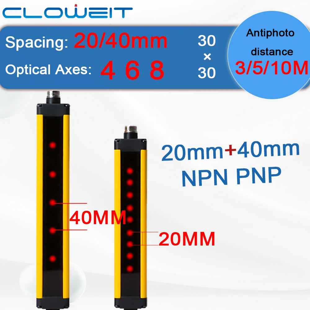Cloweit APS30 20/40mm Safety Grating Light Curtain Fiber Optic Sensor Infrared Radiation Detector Punch Photoelectric Protection