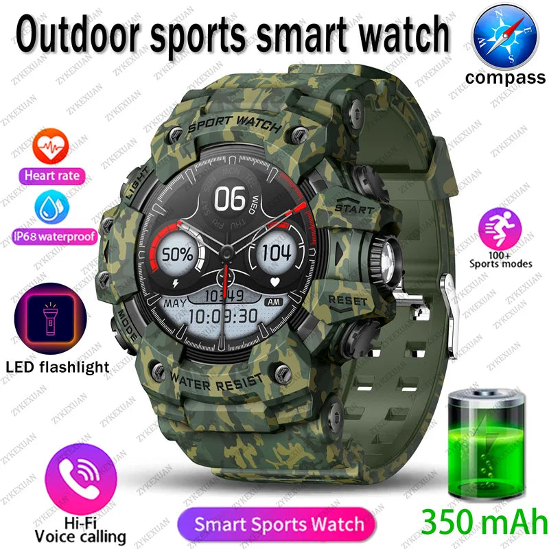 Rugged Sports Smart Watch Men Bluetooth Call Colorful Waterproof Military Compass Smartwatches with Flashlight For Android iOS