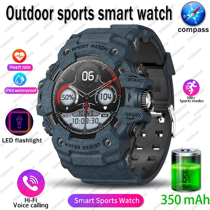 Rugged Sports Smart Watch Men Bluetooth Call Colorful Waterproof Military Compass Smartwatches with Flashlight For Android iOS