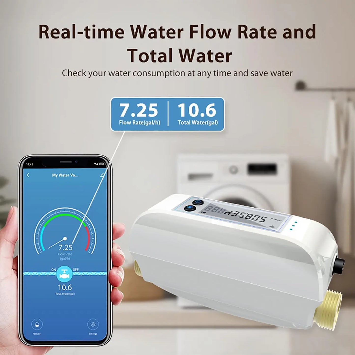 Haozee Tuya Smart WiFi Water Valve Shutoff Water Flow Meter Built in Rechargable Battery for DN20 3/4-Inch Diameter Pipe