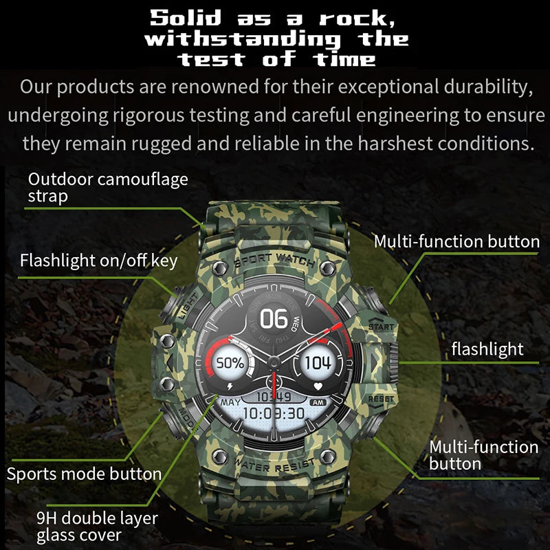 Rugged Sports Smart Watch Men Bluetooth Call Colorful Waterproof Military Compass Smartwatches with Flashlight For Android iOS
