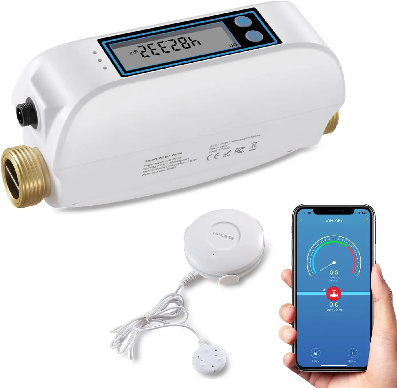 Haozee Tuya Smart WiFi Water Valve Shutoff Water Flow Meter Built in Rechargable Battery for DN20 3/4-Inch Diameter Pipe