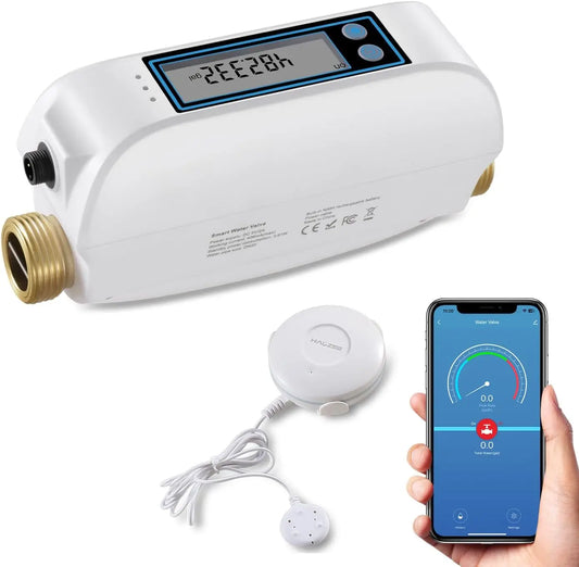 Haozee Tuya Smart WiFi Water Valve Shutoff Water Flow Meter Built in Rechargable Battery for DN20 3/4-Inch Diameter Pipe