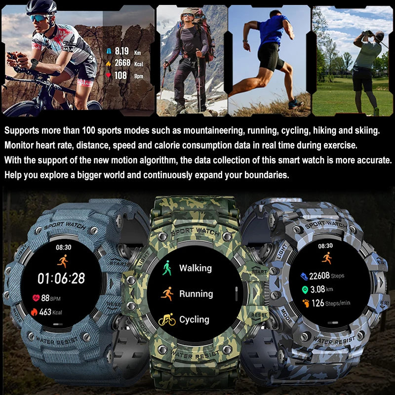 Rugged Sports Smart Watch Men Bluetooth Call Colorful Waterproof Military Compass Smartwatches with Flashlight For Android iOS