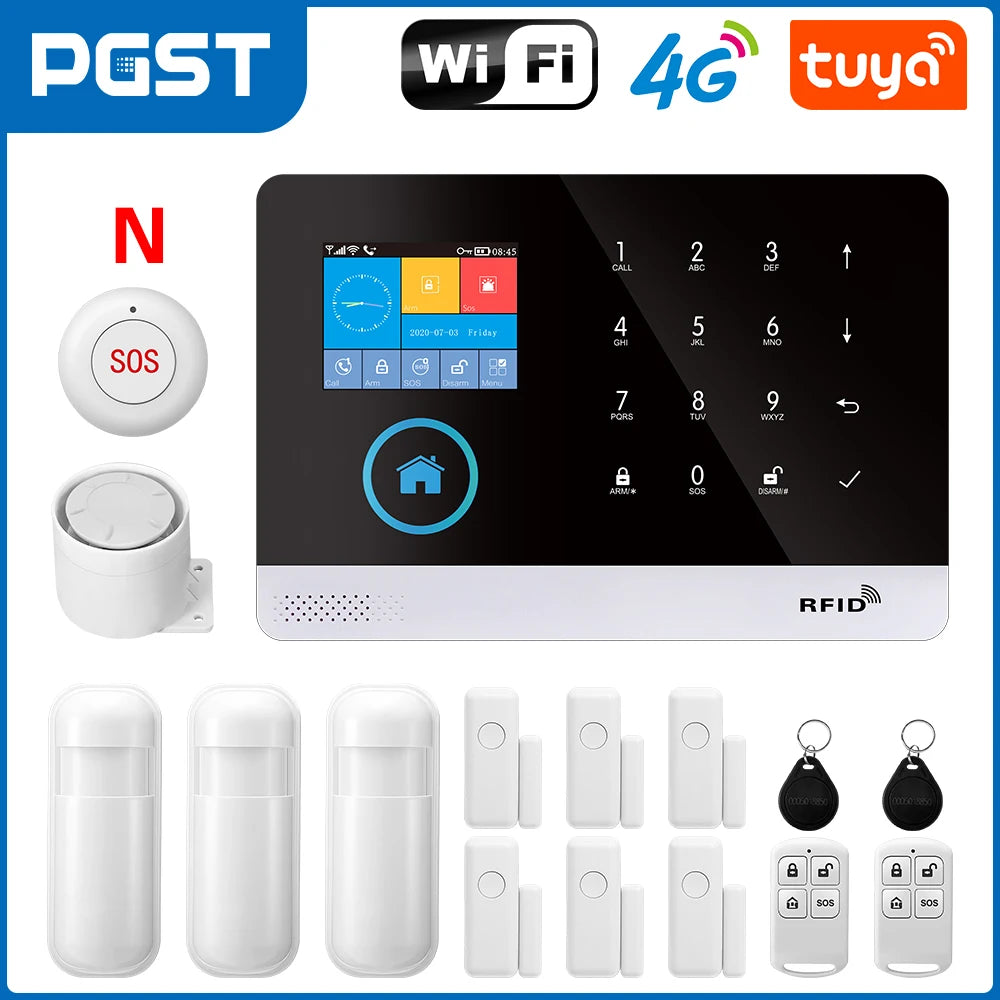 PGST 103 2.4 inch Screen 4G 2G WIFI GSM Home Bulgar Security System for Home 433MHz APP Control RFID Card with PIR Motion