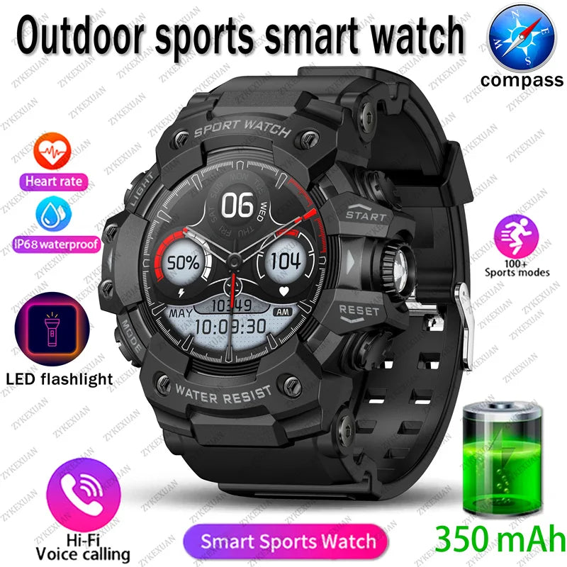 Rugged Sports Smart Watch Men Bluetooth Call Colorful Waterproof Military Compass Smartwatches with Flashlight For Android iOS