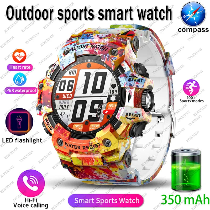 Rugged Sports Smart Watch Men Bluetooth Call Colorful Waterproof Military Compass Smartwatches with Flashlight For Android iOS